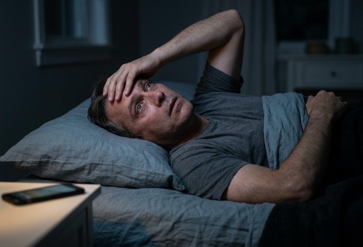 A person lying awake at night unable to stop overthinking
